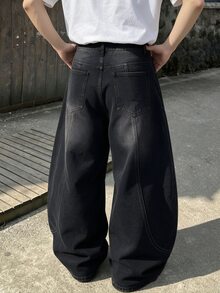 Manfinity Hypemode 男士復古水洗黑灰色解構縫線彎曲寬腿牛仔褲，Y2K街頭風寬鬆香蕉褲 - 黑色 - 查看 2