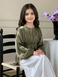Dazy Kids Tween Girl Fashion Ruched Waist Long Sleeve Blouse - Army Green - View 4