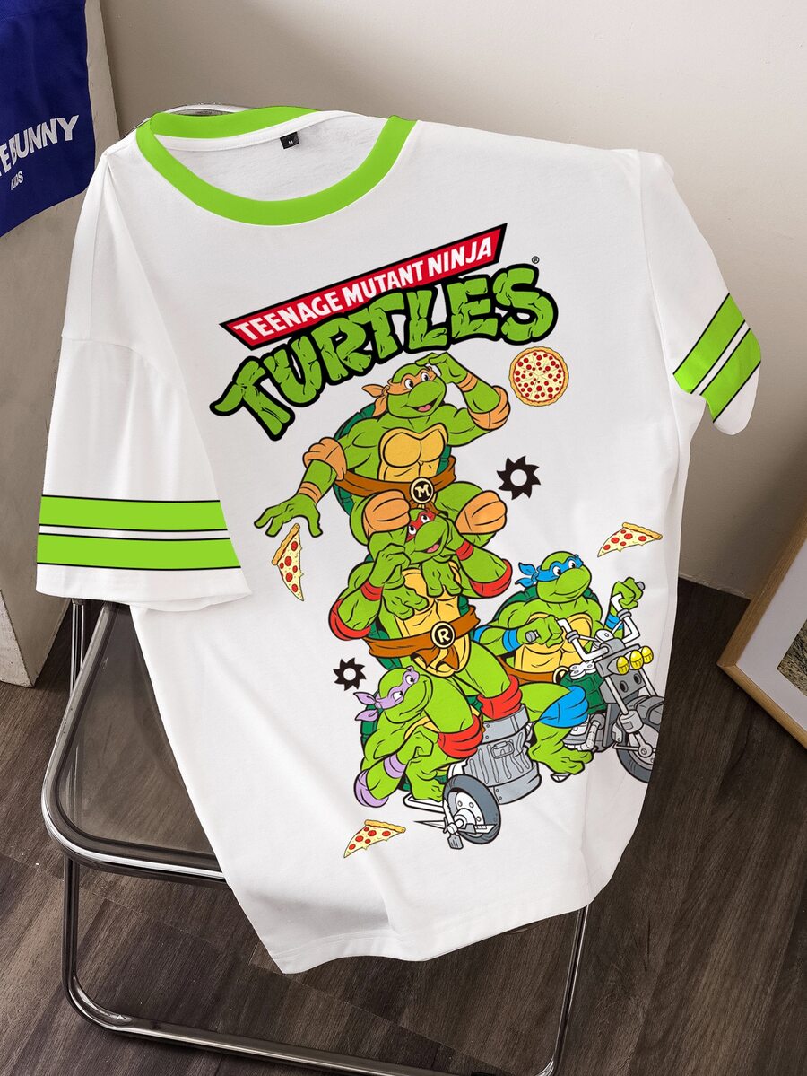 TEENAGE MUTANT NINJA TURTLES | SHEIN Men's Letter & Cartoon Print Crew Neck Short Sleeve Casual T-Shirt - White - View 1