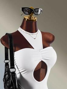 Amplova Women's White Halter Neck Pleated Athletic One-Piece Dress - White - View 6