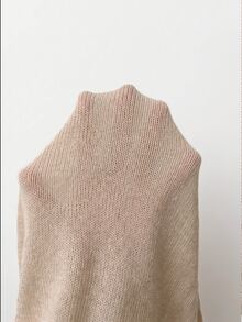 SHEIN 女款百搭羅紋拼接袖口套頭毛衣 - 米色 - 查看 4