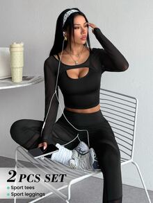 SHEIN Dewbera Women's Solid Color Hollow Out Top And Leggings Casual Daily Sports Set - Black - View 3