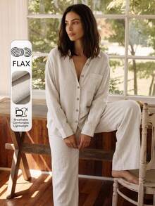 Livesso Women's Solid Color Single-Breasted Long Sleeve Top And Pants Casual Daily Loungewear Set - Beige - View 1