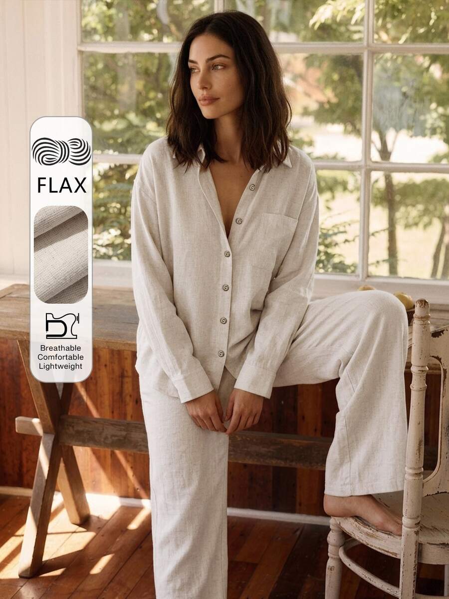 Livesso Women's Solid Color Single-Breasted Long Sleeve Top And Pants Casual Daily Loungewear Set - Beige - View 1
