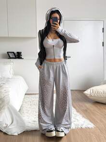 StreetHx Y2K Punk Style Leopard Print Patchwork Hooded Zip-Up Jacket & Gradient Leopard Side Studded Wide Leg Floor-Length Sweatpants 2 Pieces Set - Multicolor - View 3