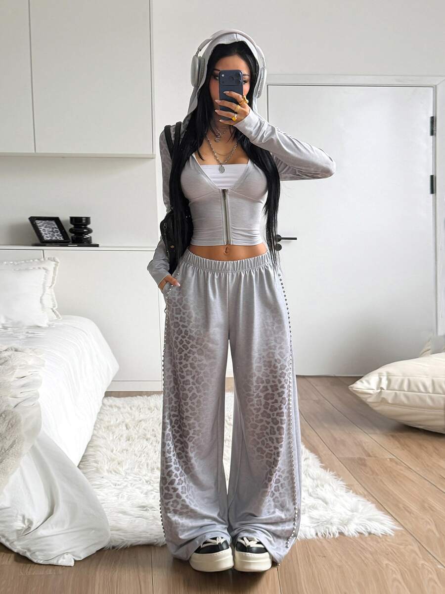 StreetHx Y2K Punk Style Leopard Print Patchwork Hooded Zip-Up Jacket & Gradient Leopard Side Studded Wide Leg Floor-Length Sweatpants 2 Pieces Set - Multicolor - View 1