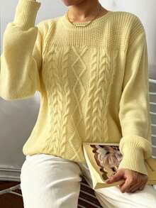 Elenzga Plus Size Women Casual Solid Color Crew Neck Long Sleeve Sweater Fall Winter - Pale Yellow - View 1