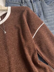 SHEIN Girls' Colorblock Horizontal Striped Long Sleeve T-Shirt, Pink, Coffee, Beige Three-Color Patchwork Round Neck Drop Shoulder Loose Oversize Lazy Pullover Top, Preppy Style Spring Autumn Daily Casual Outing Base Layer T-Shirt - Brown - View 5