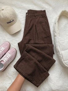 Comfortcana Plus Size Solid Color Button Casual Wide Leg Pants Graduation,Back To Schoo - Chocolate Brown - View 3