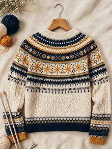 SHEIN Franclia Women's Round Neck Long Sleeve Fair Isle Vintage Sweater - Apricot - View 2
