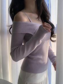 DAZY Solid Color Fitted Square Neck Long Sleeve Elegant Vacation Korean Style Autumn/Winter Knit Sweater For Women - Purple - View 5
