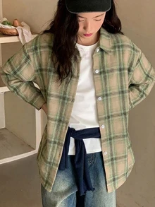 Dazy Kids Tween女孩 寬鬆格紋襯衫，全新秋季風格，長袖休閒外套上衣 - 綠色 - 查看 5