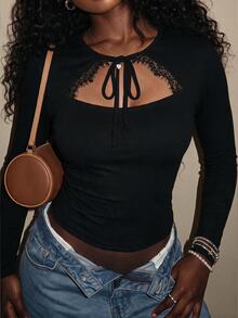 SHEIN SXY Women's Black Sexy Hollow Out Lace Patchwork T-Shirt - Black - View 5
