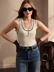 SHEIN Women's U-Neck Fitted Sleeveless Knitted Top, Ribbed Contrast Color Spring/Summer Top, Beige/Apricot Slimming Elastic Knitted Top, Minimalist Commute Versatile French Style Solid Color Tight-Fitting Base Layer Knitted Top - Apricot - View 4