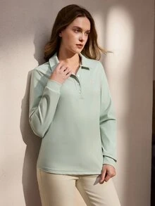 Nima Coro Women's Fashion Half-Open Knit Polo Shirt, Autumn/Winter - Lime Green - View 3