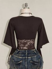 SHEIN ICON 女款蕾絲拼接V領修身百搭T恤 - 棕色 - 查看 2