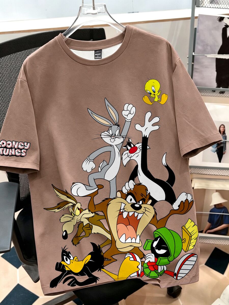 LOONEY TUNES X SHEIN Daypath 男士卡通印花休閒日常短袖T恤 - 咖啡棕 - 查看 1