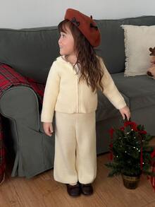 DAZY Infant (Girl) Solid Color Casual Hooded 2 Pieces Sweater Set - Apricot - View 6