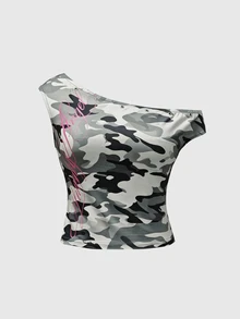 ROMWE 不對稱單肩金屬孔眼修身上衣與超低腰迷你短褲兩件套 - 軍綠色 - 查看 3