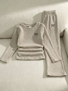 Baby Girls 2 Pieces Set, Brushed Ribbed TShirt & Long Pants, Decorated With Bow Print, Exquisite, Comfortable & Easy To Wear - Grey - View 1