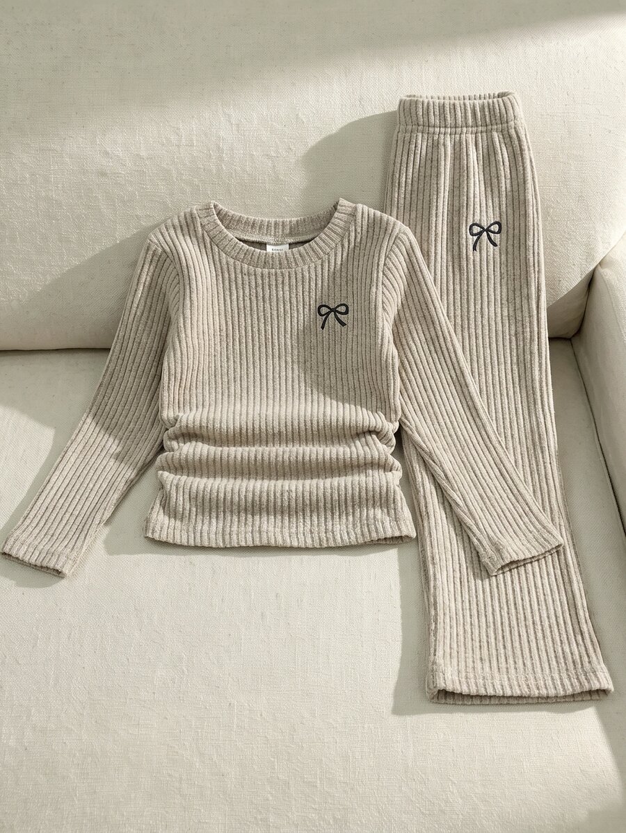 Baby Girls 2 Pieces Set, Brushed Ribbed TShirt & Long Pants, Decorated With Bow Print, Exquisite, Comfortable & Easy To Wear - Grey - View 1