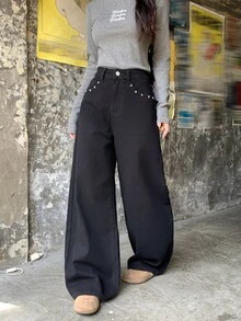 DAZY 女款水洗耐穿韓式寬鬆牛仔褲 - 黑色 - 查看 3