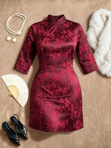 EastFlair Plus Size Elegant Solid Color Jacquard Button 3/4 Sleeve Dress - Burgundy - View 8