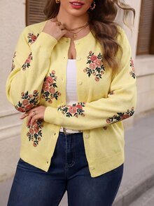 EMERY ROSE Plus Size Women's New Fashion Printed Thin Knit Cardigan, Casual Versatile Lightweight Jacket For Spring And Autumn - Light Yellow - View 2
