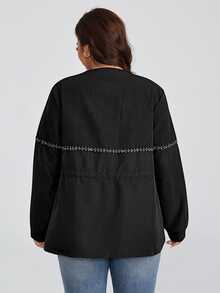 SHEIN LUNE CURVE European & American Plus Size Women's Black Patchwork Baseball Jacket, Casual Style Embossed Embossed Fabric With Chain Decoration, Cinched Waist, Loose Fit Zip-Up Jacket - Black - View 2
