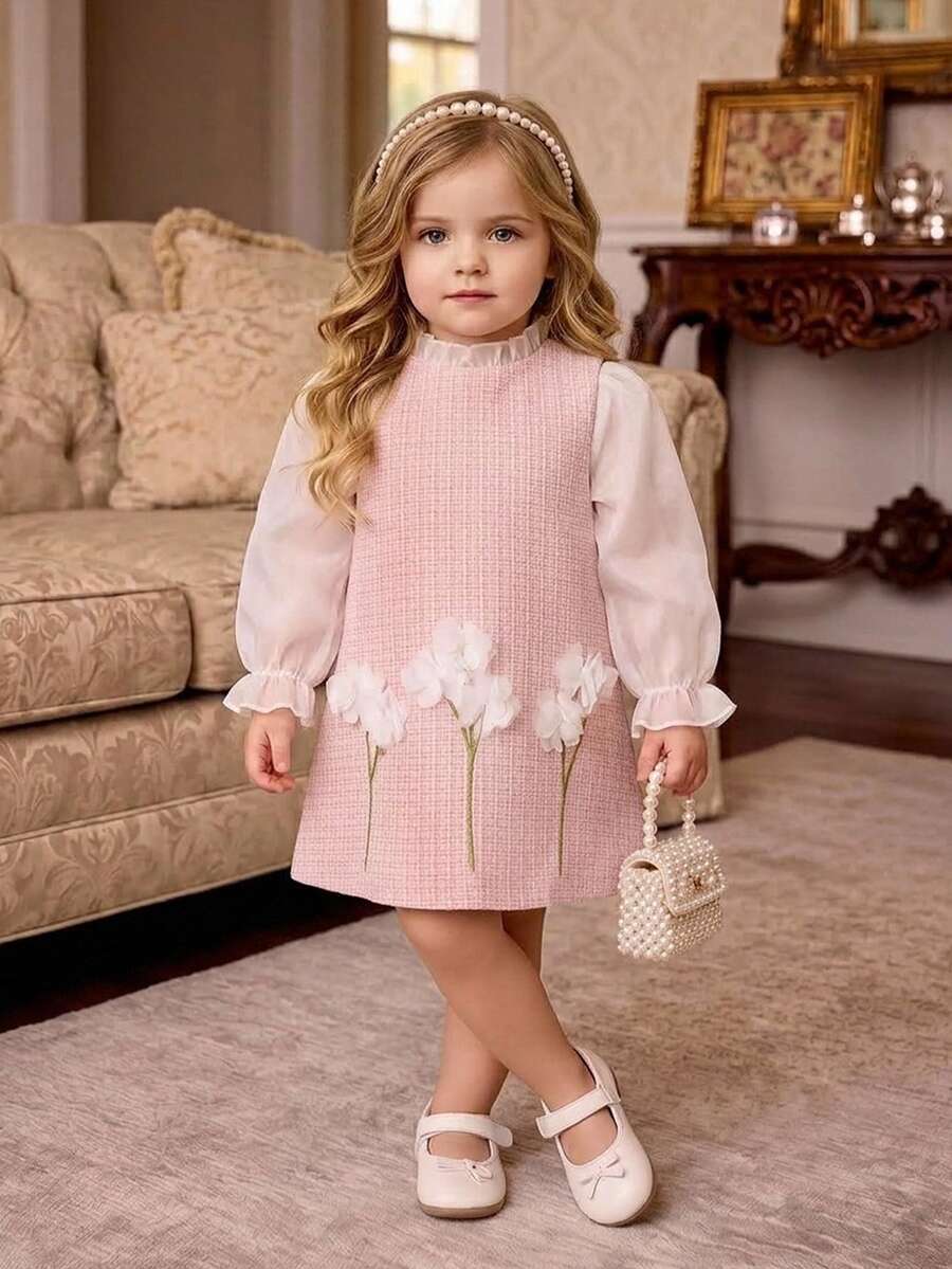 Gaun Tanpa Lengan Motif Bunga 3D Warna Pink Lucu untuk Bayi Perempuan - Berwarna merah muda - View 1
