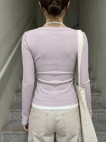 DAZY Women's Pink V-Neck Button Ribbed Knit Fitted Cropped Long Sleeve Cardigan With White Camisole Tank Top - Pink - View 2