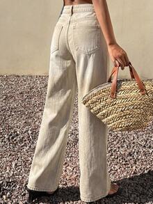 DAZY 女款寬鬆商務休閒輕通勤水洗牛仔褲，春夏款 - 米色 - 查看 2