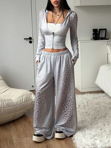 StreetHx Y2K Punk Style Leopard Print Patchwork Hooded Zip-Up Jacket & Gradient Leopard Side Studded Wide Leg Floor-Length Sweatpants 2 Pieces Set - Multicolor - View 5