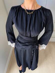 Siren Gaze Women's Striped Round Neck Lace Cuff Waist Drawstring Design Elegant Long Dress - Navy Blue - View 5