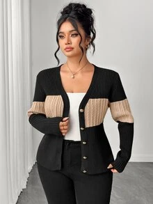 Elenzga Plus Size Women's Black & Contrast Color V-Neck Knitted Cardigan, Cinched Waist Slim Fit, Metal Gold Buttons, Vertical Ribbed Cable Texture, Flattering Commuter Versatile Outerwear - Multicolor - View 4