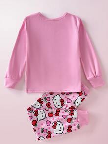 HELLO KITTY AND FRIENDS | SHEIN Set Piyama Rumahan Kasual Sehari-hari untuk Anak Perempuan, Atasan Lengan Panjang dan Celana Motif Kartun - Berwarna merah muda - View 2