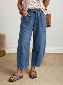 EMERY ROSE Plus Size Women's Drawstring Waist Pocket Casual Everyday Denim Jeans - Blue - View 1