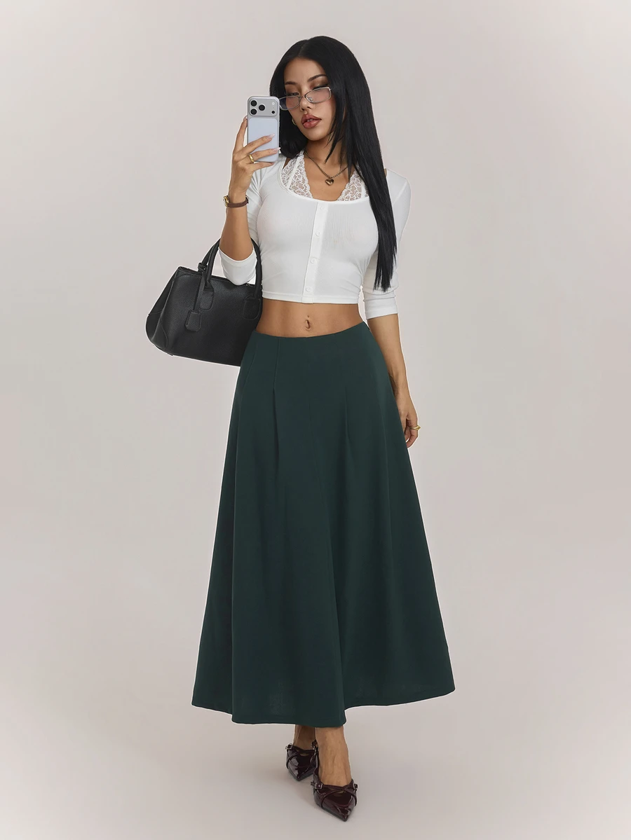 SHEIN PETITE 女款素色百褶設計優雅通勤裙 - 綠色 - 查看 1
