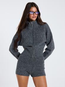 MUSERA Grey Knitted Fold Over Micro Mini Shorts Fall Winter Women Outfit Casual - Dark Grey - View 5