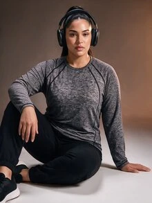 Powerista تي شيرت رياضي نسائي مقاس كبير بياقة دائرية وظهر مفتوح وأكمام طويلة فضفاض ومريح - الأسود - مشاهدة 7