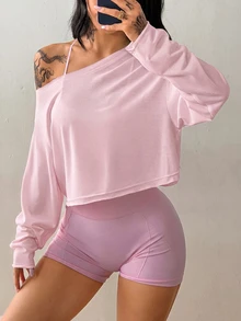 Coolane Women's Solid Color Asymmetrical Shoulder Drop Sleeve Long Sleeve Sports T-Shirt - Pink - View 3