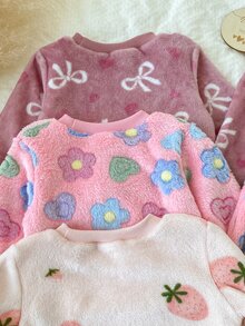 SHEIN Vintaside Kids 幼童女童衛衣＋長褲套裝 粉色玫瑰蝴蝶結愛心草莓印花 長袖 生日家庭套裝 派對 秋季 毛絨絨毛 紫灰色 - 彩色 - 查看 10