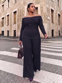 Zivah Spring/Summer Women's Plus Size New Bold, Classy Feminine Style Tummy Control Fit Breathable Elegant Romantic Classic Earthy Yellow Textured Knit Tie-Front Blouse And Long Wide-Leg Pants Set - Purple - View 3