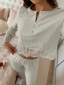 DAZY Women's Lace Patchwork Long Sleeve Top And Pants Casual Daily Home Sleepwear Set - Green - View 5