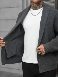 Manfinity CasualCool Solid Color Vertical Ribbed Texture Men's Knit Cardigan With Stand Collar And Zipper Closure, Business Casual Long Sleeve Sweater - Black - View 7