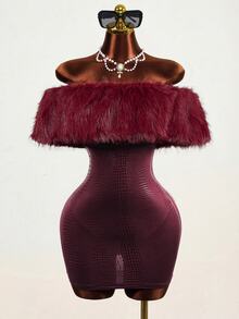 Mistrie Women's Autumn/Winter Sexy Party Solid Burgundy Off-Shoulder Faux Fur Collar Patchwork PU Mini Dress - Burgundy - View 6