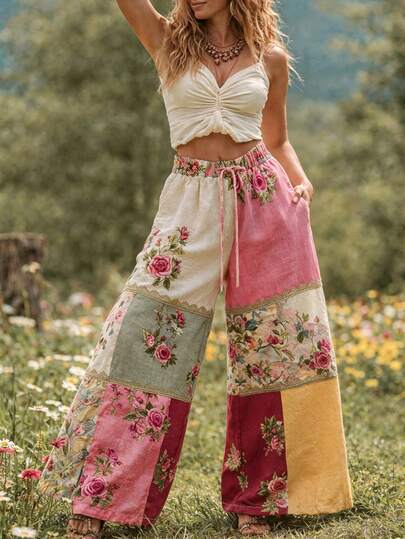 SHEIN LUNE Women's Bohemian Floral Patchwork Wide Leg Pants, With Gold Lace Trim, Elastic Waist Pocket Trousers Fall