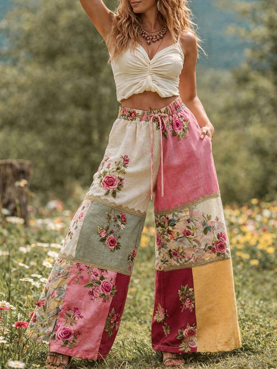 Breezaya 女款波希米亞風花卉拼接寬腿褲,金色蕾絲飾邊,鬆緊腰口袋長褲 - 彩色 - 查看 1