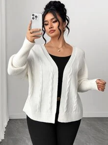 SHEIN Elenzya Women's Autumn New Single Piece Rope Pattern Sleeve Tight Design Loose Short Versatile Solid Color Daily Commute Knit Cardigan Sweater Plus Size - Beige - View 5