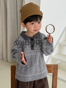 Dazy Kids Áo cardigan cổ bẻ tay dài cho bé trai sơ sinh mùa thu/đông - Xám - Xem 4